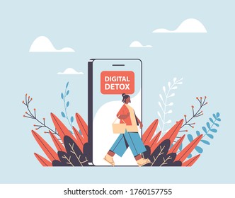 woman coming out of cellphone digital detox concept girl escaping from digital addiction abandoning internet and social networks horizontal full length vector illustration