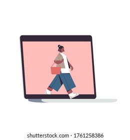 woman coming out of laptop screen digital detox concept girl spending time without gadgets abandoning internet and social networks full length vector illustration