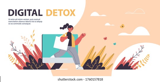 woman coming out of monitor screen digital detox concept girl spending time without gadgets abandoning internet and social networks full length horizontal copy space vector illustration