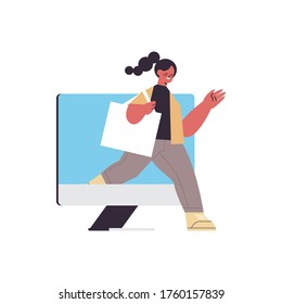 woman coming out of monitor screen digital detox concept girl spending time without gadgets abandoning internet and social networks full length vector illustration