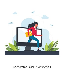 woman coming out of monitor screen digital detox concept girl spending time without gadgets abandoning internet and social networks full length horizontal copy space vector illustration