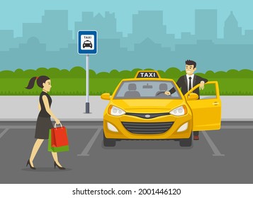 Woman coming from shopping and going near the city taxi service vehicle. Young taxi driver leaning on the car door. Parking lot front view. Flat vector illustration template.