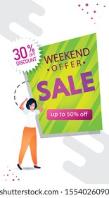 woman and commercial label sale weekend offer lettering vector illustration design