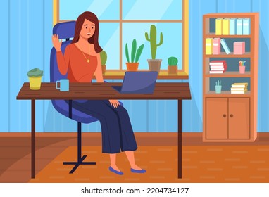 Woman communicate, workplace with computer. Remote work, freelance, house office, programming, training concept. Lady sitting with laptop and surfing Internet. Female freelancer works from home