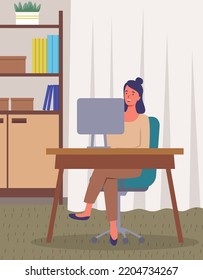 Woman communicate, workplace with computer. Remote work, freelance, house office, programming, training concept. Lady sitting with laptop and surfing Internet. Female freelancer works from home