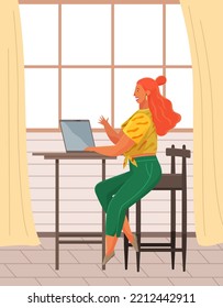 Woman communicate, workplace with computer. Remote work, freelance, house office, programming, training concept. Lady sitting with laptop and surfing Internet. Female freelancer works from home