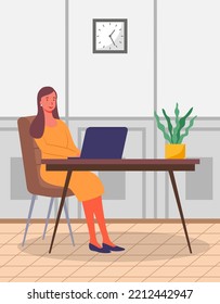 Woman communicate, workplace with computer. Remote work, freelance, house office, programming, training concept. Lady sitting with laptop and surfing Internet. Female freelancer works from home