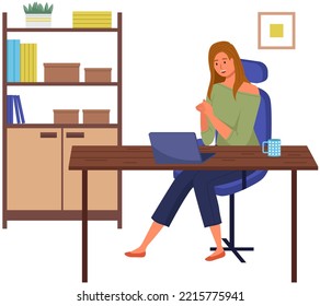 Woman communicate, workplace with computer. Remote work, freelance, house office, programming, training concept. Lady sitting with laptop and surfing Internet. Female freelancer works from home