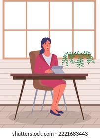 Woman communicate, workplace with computer. Remote work, freelance, house office, programming, training concept. Lady sitting with laptop and surfing Internet. Female freelancer works from home
