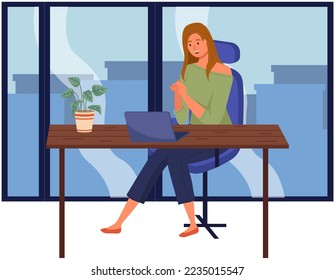 Woman communicate, workplace with computer. Remote work, freelance, house office, programming, training concept. Lady sitting with laptop and surfing Internet. Female freelancer works from home