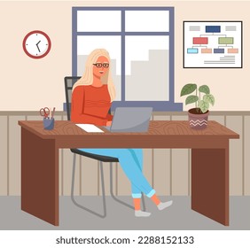 Woman communicate, workplace with computer. Remote work, freelance, house office, programming, training concept. Lady sitting with laptop and surfing Internet. Female freelancer works from home