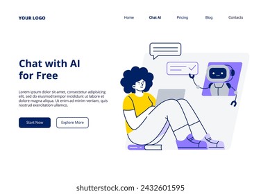 A woman communicates with an AI assistant on a laptop. Chatbot helps in work and study. Vector flat illustration for web page, banner, or promo.