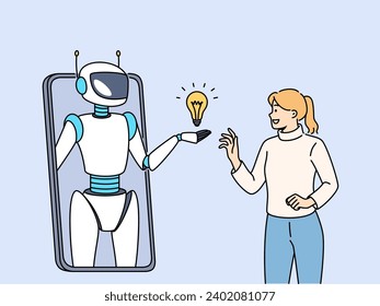 Woman communicates with AI chat bots on phone through mobile application and uses artificial intelligence to find new ideas. Robot on smartphone screen symbolizes chat bots answering user questions