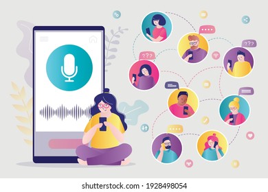 Woman communicates with different people using voice messages. Large microphone and sound waves on screen of mobile phone. Chat app. Cute girl recording audio messages. Trendy flat vector illustration