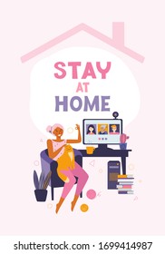Woman communicates with friends and relatives through online video communication. Spending time at home. Desktop computer with group of people taking part in video conference. Call to friends