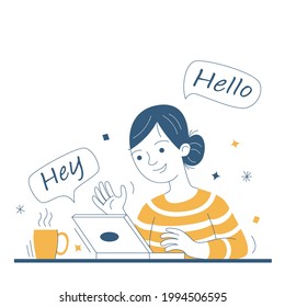 Woman communicates from home using the laptop. Scene at home or office, woman taking part in business meeting or talking with friends. Vector Illustration in cartoon style.
