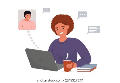 A woman communicates online with a man on the Internet while sitting at a laptop. The concept of remote work, study, communication, freelancing. Vector graphics.