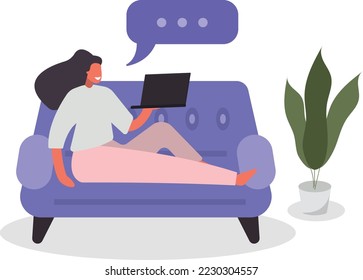 la mujer se comunica con un ordenador portátil mientras está tumbada en el sofá. ilustración vectorial. concepto de comunicación.