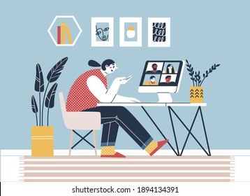 A woman communicates via video call with friends, colleagues via computer. Concept of videoconference and web communication. Team meeting online. Remote video conference call.