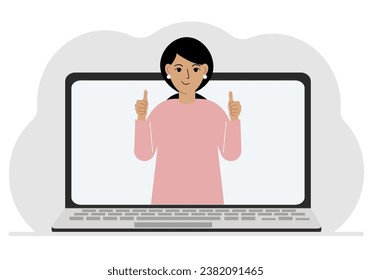 Woman communicates via videoconference through laptop screen. The concept of online meetings, webinars, remote work or work from home.