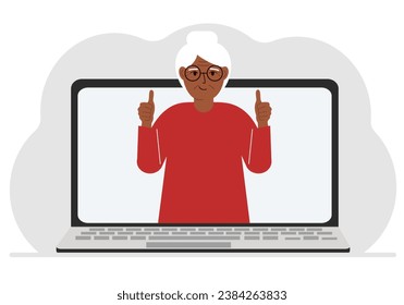 La mujer se comunica por videoconferencia a través de la pantalla de un ordenador portátil. El concepto de reuniones en línea, seminarios web, trabajo a distancia o trabajo desde casa.