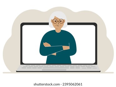 La mujer se comunica por videoconferencia a través de la pantalla de un ordenador portátil. El concepto de reuniones en línea, seminarios web, trabajo a distancia o trabajo desde casa.