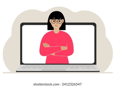 Woman communicates via videoconference through laptop screen. The concept of online meetings, webinars, remote work or work from home.