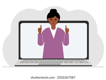 La mujer se comunica por videoconferencia a través de la pantalla del ordenador portátil. El concepto de reuniones en línea, seminarios web, trabajo remoto o trabajo desde casa. Ilustración vectorial plana