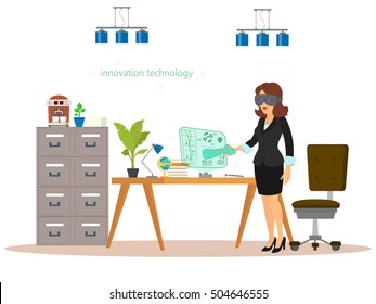 woman communicates, works and enter into business transactions in a virtual reality. vector illustration