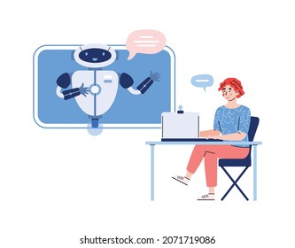 Mujer comunicándose con robot chatbot por computadora, ilustración vectorial de dibujos animados aislada en fondo blanco. Robo de charla de servicio al cliente o soporte técnico.