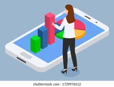 Woman communicating with graph report in touchscreen phone. Female working with colorful chart and diagram in smartphone. Businesswoman working with wireless device innovative technology vector