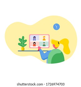 Woman is communicating with her friend when working on computer at home, freelance people work in comfortable conditions set vector flat illustration. Vector flat style illustration.  People at home