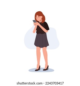 woman communicating with her mobile phone. texting by phone. Flat vector cartoon character illustration.