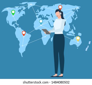 Woman communicating with partners, map with location sings pointers connection. International business support, assistant secretary with tablet. Vector illustration in flat cartoon style