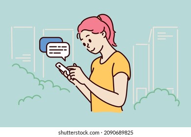 Woman communicating or texting with her smartphone. Hand drawn vector illustration