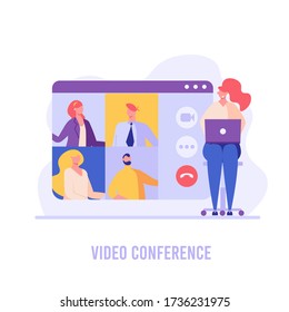 Woman communicating via online video conference. Online meeting. Concept of work from home, chatting with friends, group video chat. Vector illustration in flat design for UI, banner, mobile app