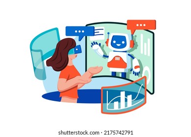 Woman communicating with a virtual chatbot Illustration concept. Flat illustration isolated on white background