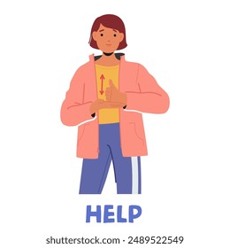 Woman Communicating The Word Help In Sign Language. Female Character Is Shown Making The Sign With A Serious Expression, Wearing Casual Outfit. Non-verbal Communication And Inclusivity Vector Concept