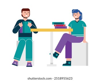 Woman communication with male college friend, discussing university assignment. Character design. Vector flat illustration