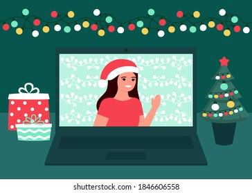 Woman communication online on Christmas holiday. Decoration fir, lightbulbs desktop and greeting Christmas and New Year. Video call on laptop, virtual meeting. Vector