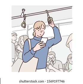 Woman Commuter In The Subway. Hand Drawn Style Vector Design Illustrations.