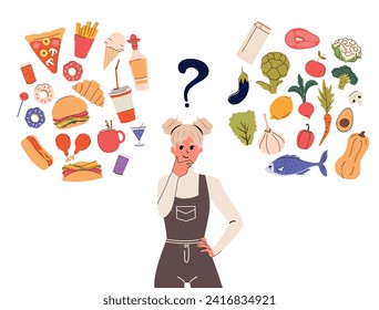 Woman compares healthy and fastfood in her head. Thoughts on fresh and junk food.  Proper nutrition and balanced menu. Harmful products and healthy food on both sides of the girl. Vector.