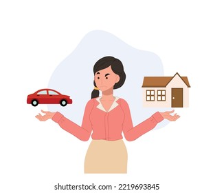 Una mujer que compara comprar una casa o un auto. Decidir entre casa y coche. Ilustración vectorial.