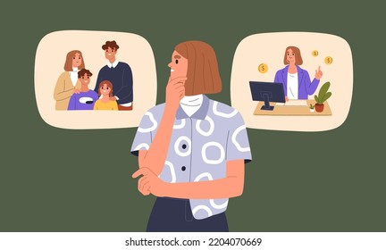 Woman comparing, choosing, deciding between family and career. Work-life balance concept, female choice of children, marriage or business. Dilemma motherhood or office. Flat vector illustration