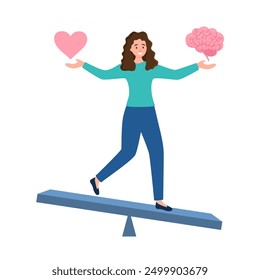 Mujer que compara el pensamiento lógico y la intuición en escalas. Personaje femenino de pie en la escala que sostiene el cerebro y el corazón. Los instintos emocionales y el concepto de equilibrio lógico. Mente vs emoción.