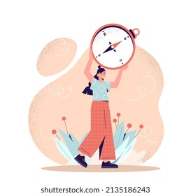 Woman with compass. Character determines cardinal points, orientation on ground. Metaphor for hike, adventure and travel. Active lifestyle and sports, geography. Cartoon flat vector illustration