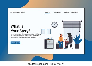 A woman complains to a psychiatrist about his problem. Psychological landing page template.