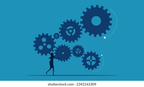 woman complete connection of gear mechanism. Integrate concept 