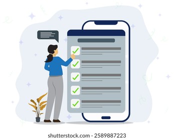 A woman with completed task. Business woman fill checklist online on big smartphone screen. Planning and setting goals, deadlines, strategy. Hard working employee or entrepreneur. 