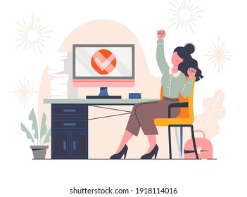 Woman completed task and triumphing with raised hand in office. Successful well done work. Completed task. Flat cartoon vector illustration